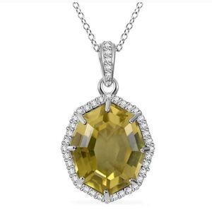 Brazilian Green Gold Quartz and White Zircon Halo Pendant Necklace 18in 925